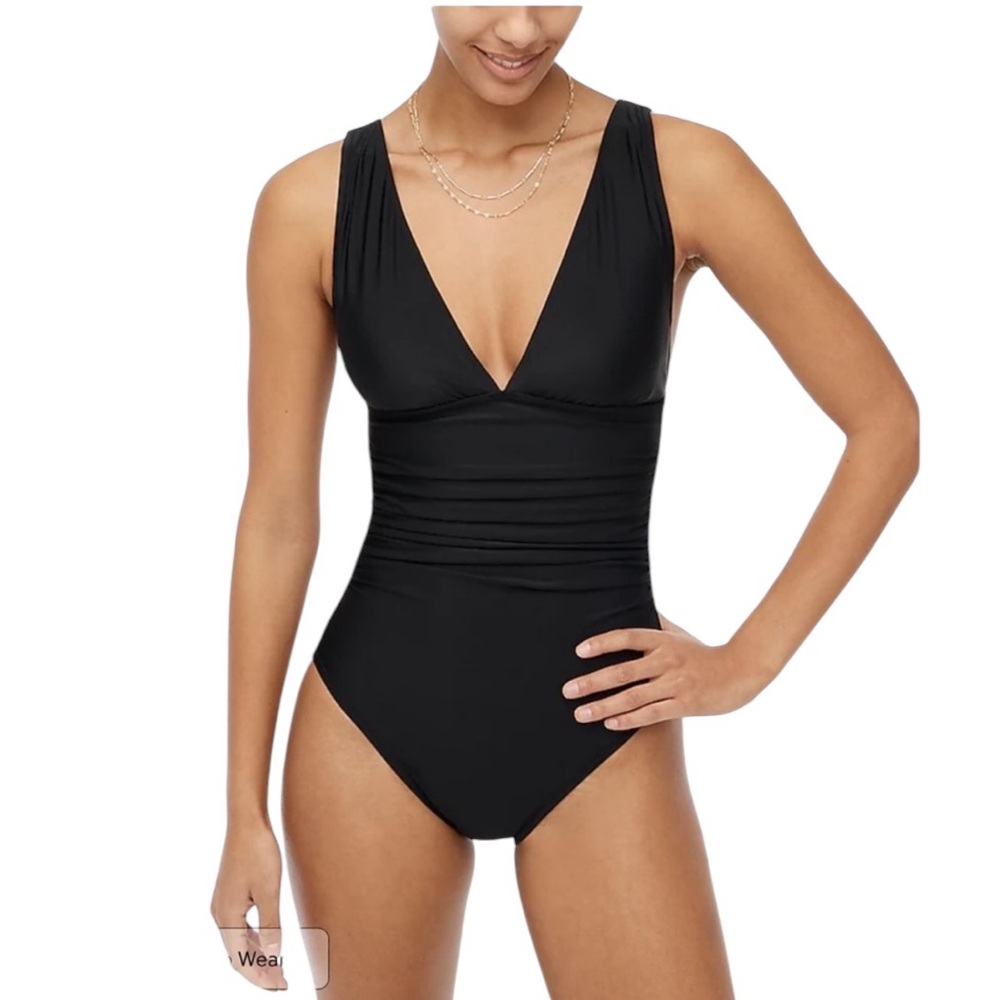 NWT J Crew Factory‎ V-Neck Ruched One Piece Swimsuit in Black Size Large